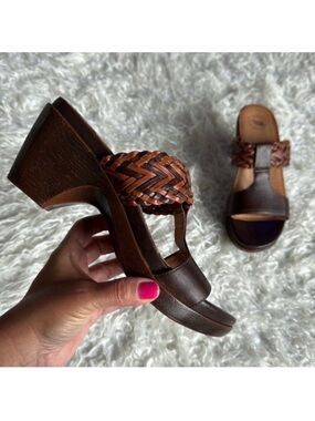 Nurture Joplin Brown Leather Platform Heeled Sandals/Shoes Sz 8 Woven Strap